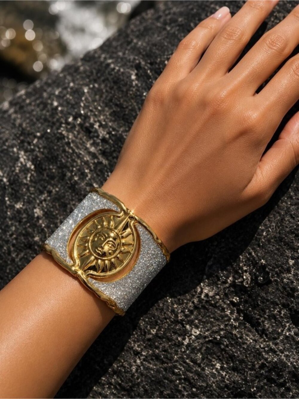 Gold Sun Medallion Wide Silver Glitter Cuff Bracelet